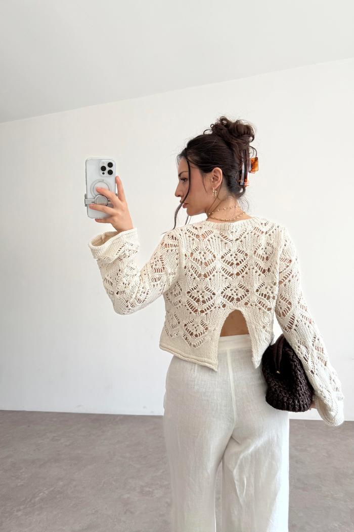 Zra Orj. Örgü File Detaylı Krem Kazak 