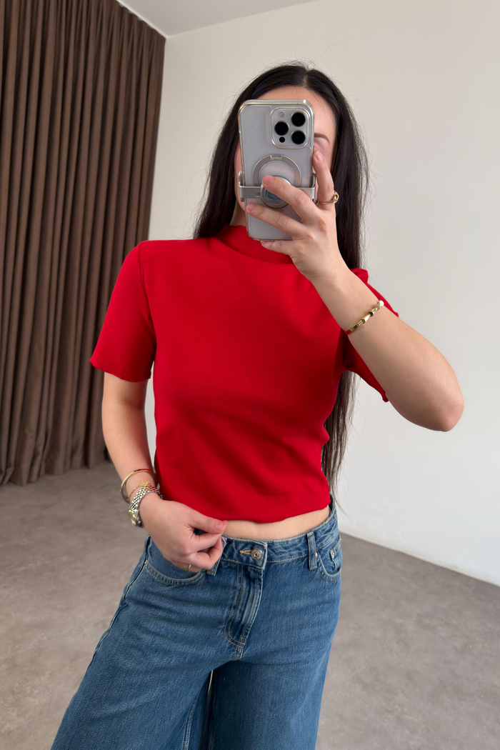 Zra Orj. Dik Yakalı Kırmızı Triko Bluz 