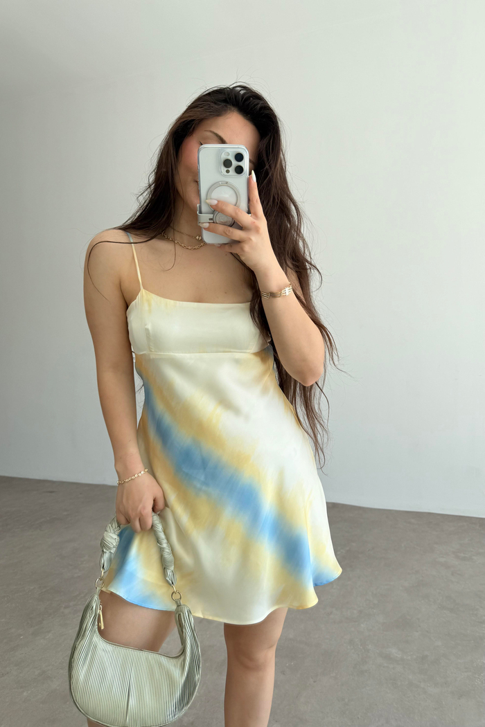 Zra Orj. Sarı Mavi Geçişli Askılı Mini Elbise 