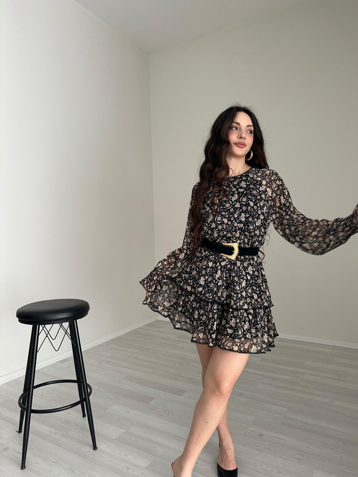 ZRA Orj. Gold Floral Şifon Elbise