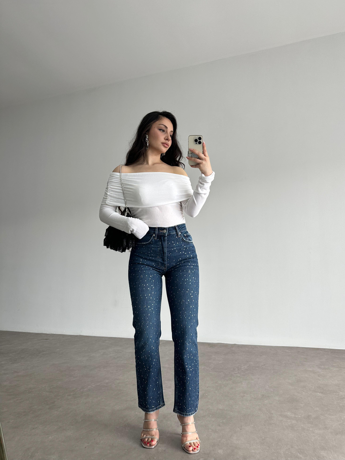 ZRA Orj. Taşlı Mom Mavi Jean