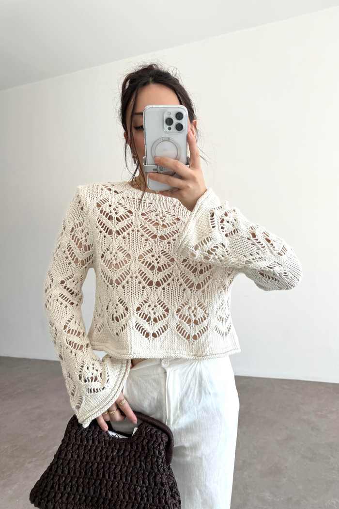 Zra Orj. Örgü File Detaylı Krem Kazak 