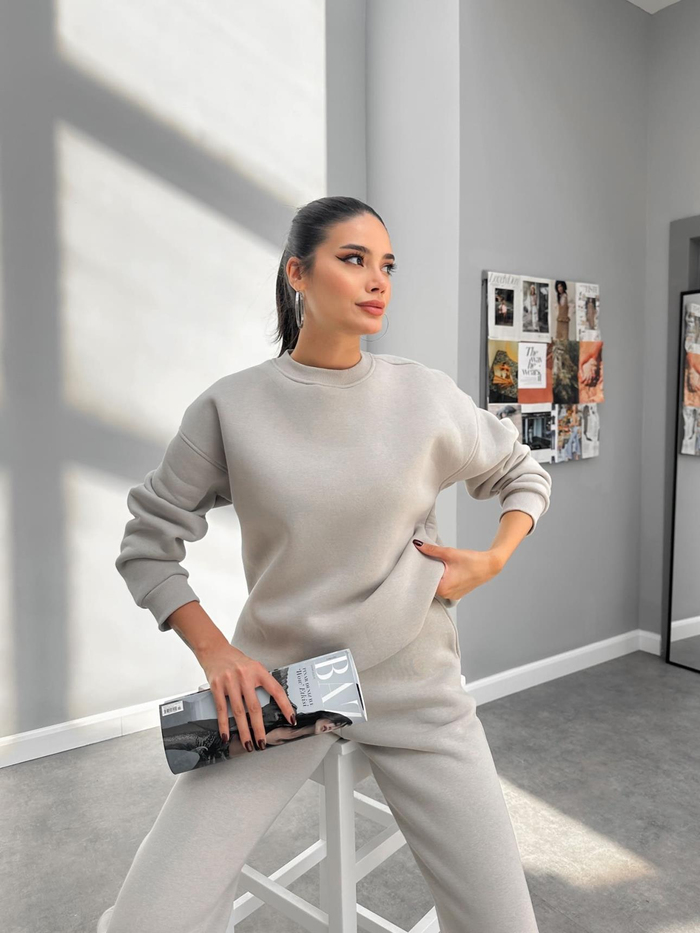 Açık Gri Basic Sweatshirt Takım
