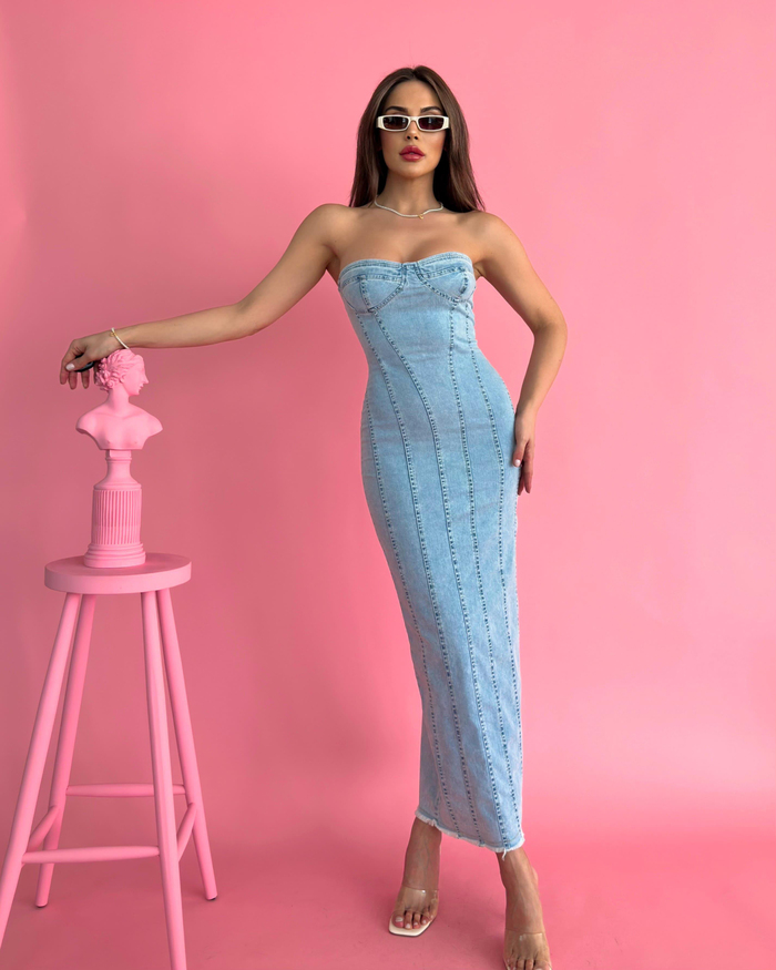 Açık Mavi Straplez Denim Elbise