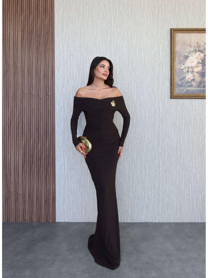 Açık Omuz Aksesuarlı Drape Maxi Elbise