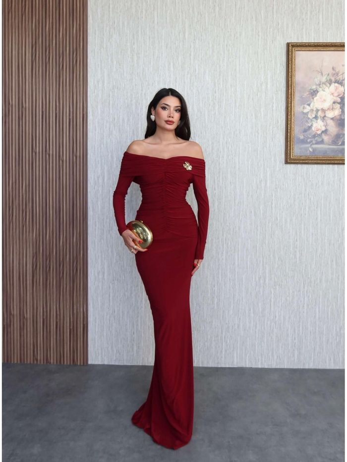 Açık Omuz Aksesuarlı Drape Maxi Elbise