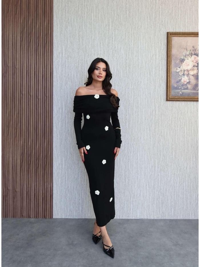 Açık Omuz Çiçek Örgülü Triko Elbise