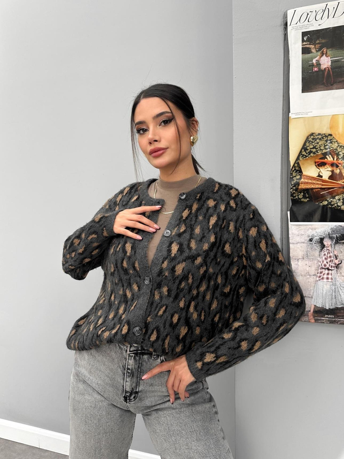 Antrasit Leo Desenli Oversize Hırka
