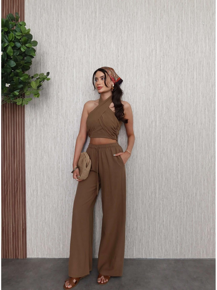 Arkadan Bağlamalı Büzgülü Crop Takım