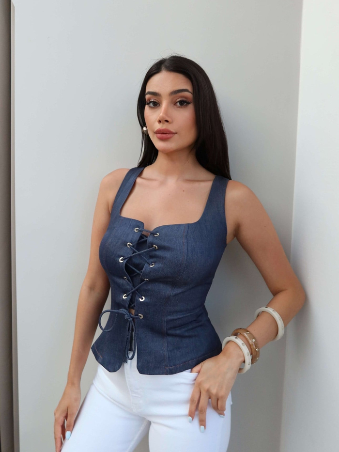 Bağcıklı Denim Korse Bluz