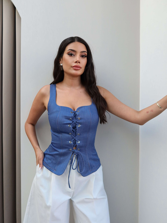 Bağcıklı Denim Korse Bluz