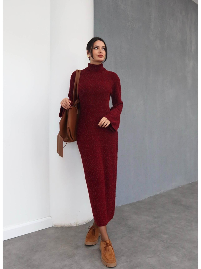 Balıkçı Yaka Dokulu Uzun Elbise