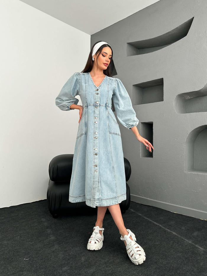 Balon Kol Denim Elbise