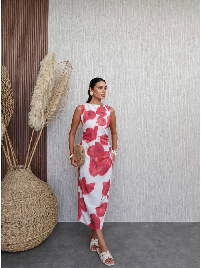 Batik Çiçek Desen Midi Elbise