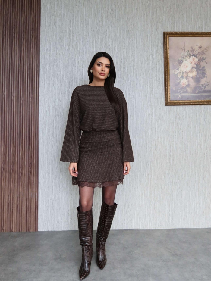 Bel Büzgülü Dantel Detay Mini Elbise