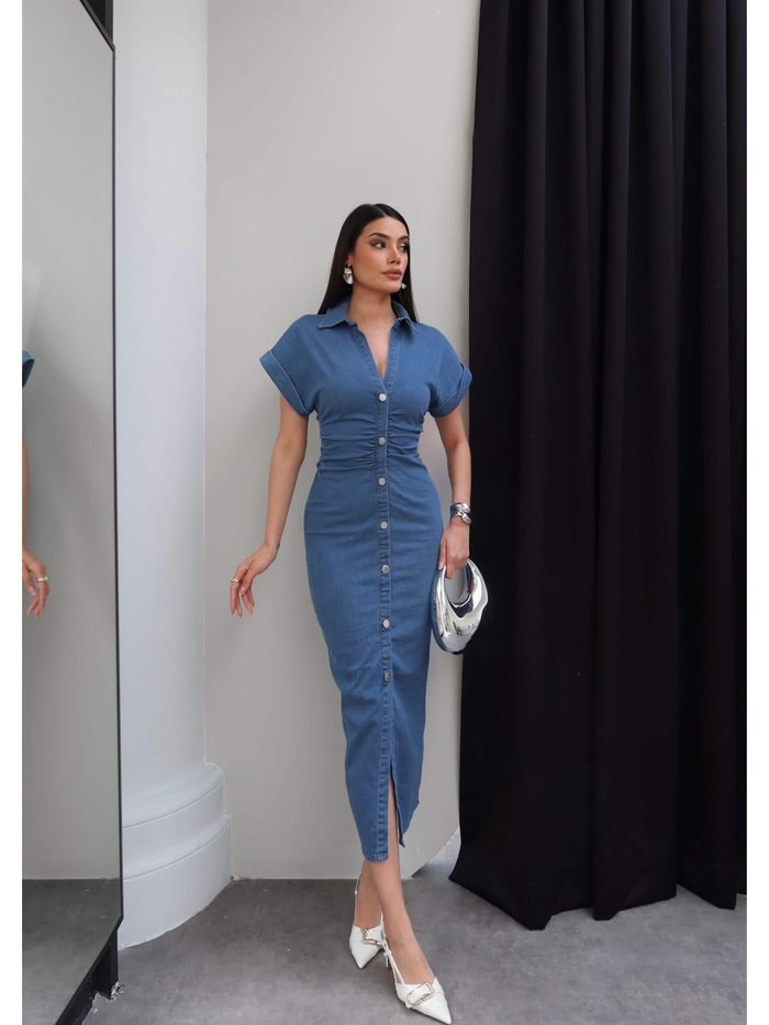 Beli Büzgülü Uzun Denim Elbise