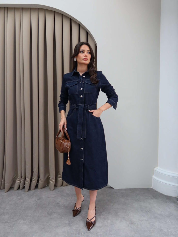 Beli Kuşaklı Cep Detaylı Denim Elbise
