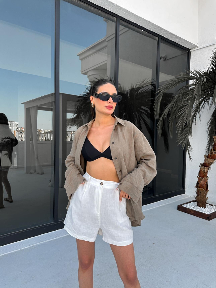 Beyaz %100 Keten Şort