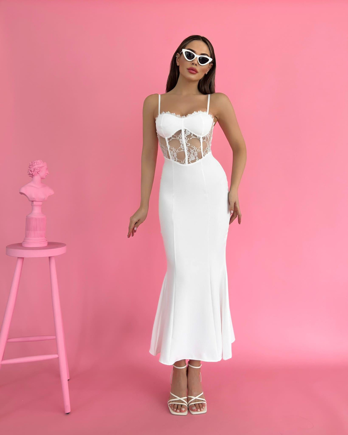 Beyaz Askılı Lace Detail Elbise