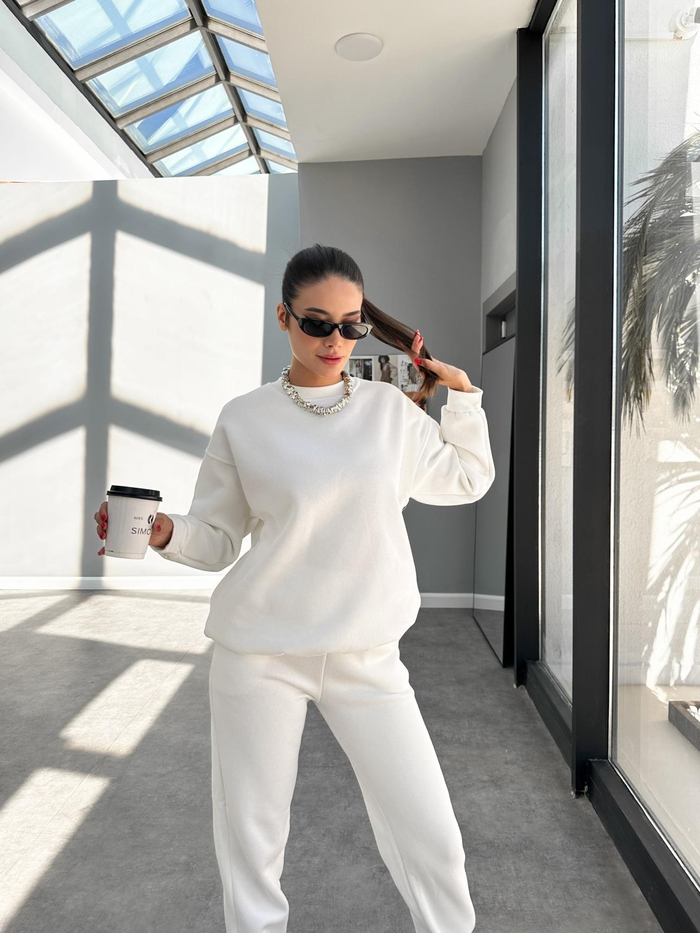 Beyaz Basic Sweatshirt Takım