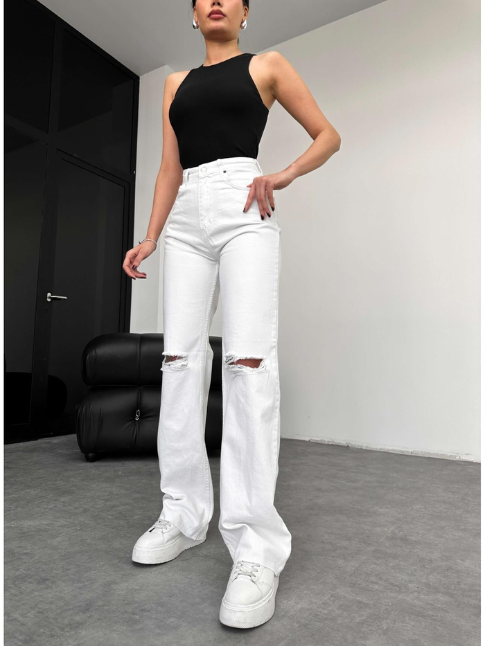 Beyaz  Diz Yırtık Detay Wide Leg Jean
