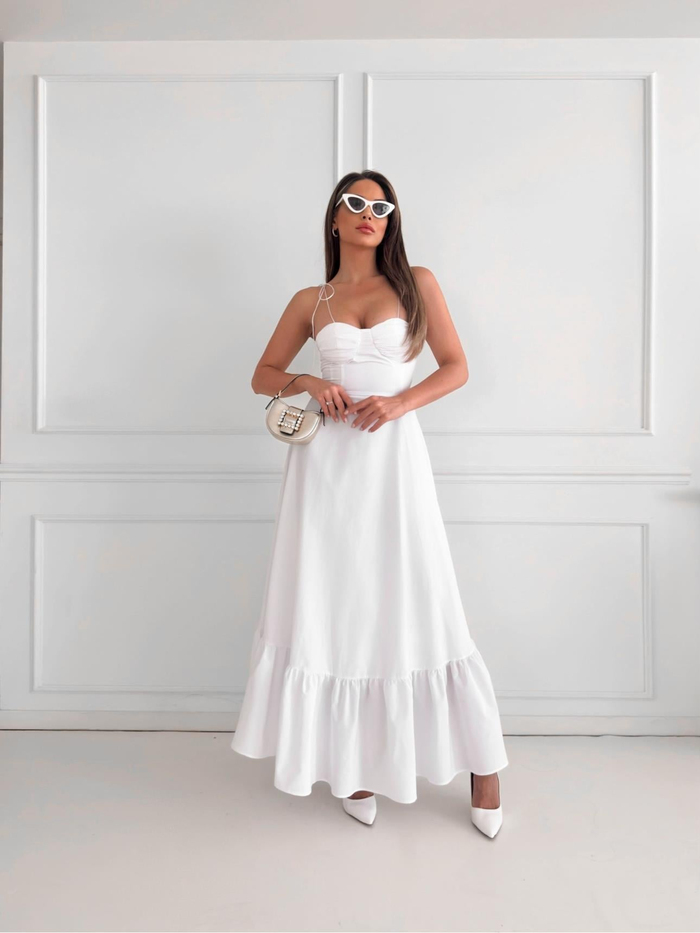 Beyaz Göğüs Drape Kloş Elbise