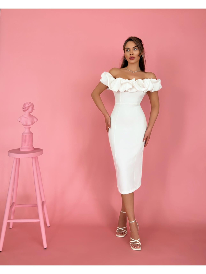 Beyaz Yaka Frilly Fitted Elbise