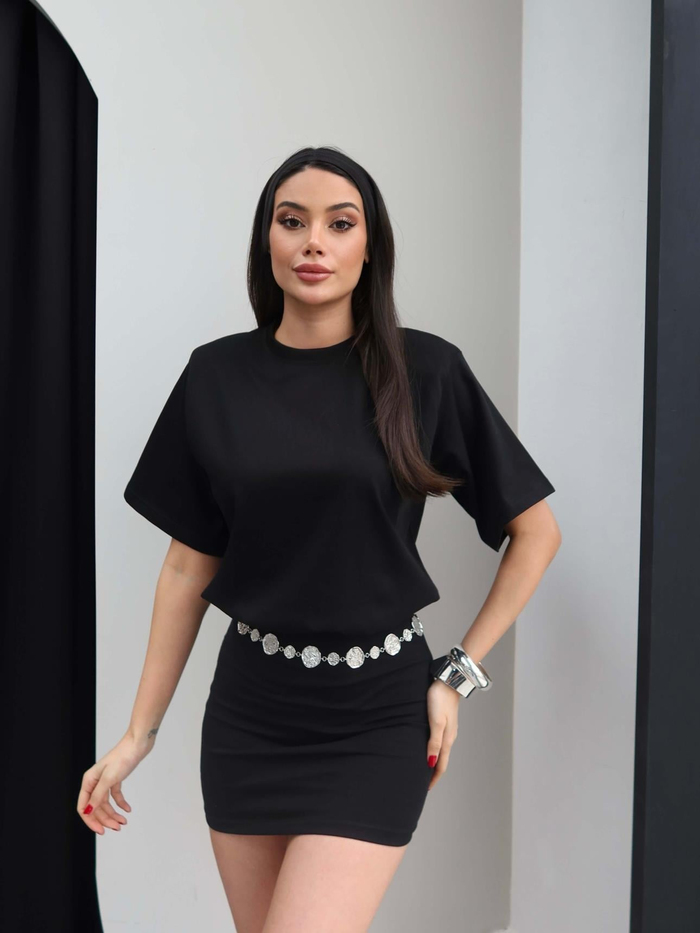Bisiklet Yaka Bel Oturtmalı Mini Elbise