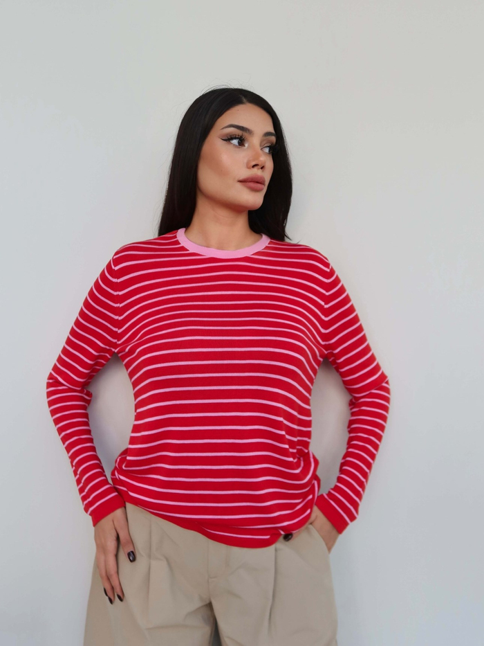 Bisiklet Yaka Çizgili Oversize Kazak
