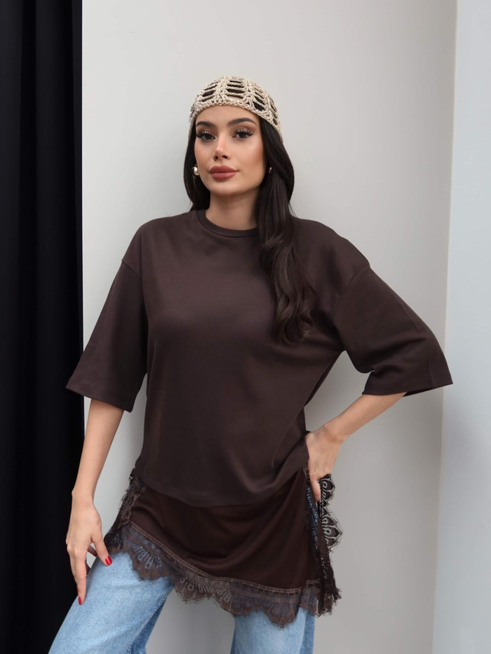 Bisiklet Yaka Dantel Detay Tshirt