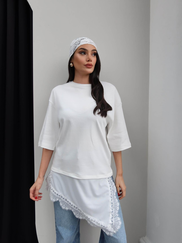 Bisiklet Yaka Dantel Detay Tshirt