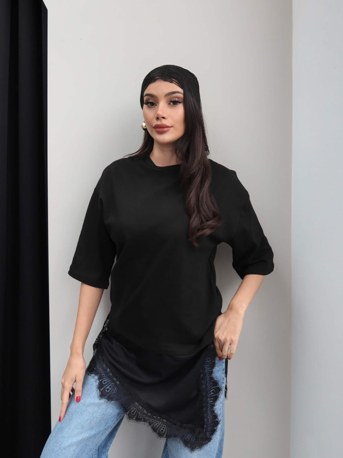 Bisiklet Yaka Dantel Detay Tshirt
