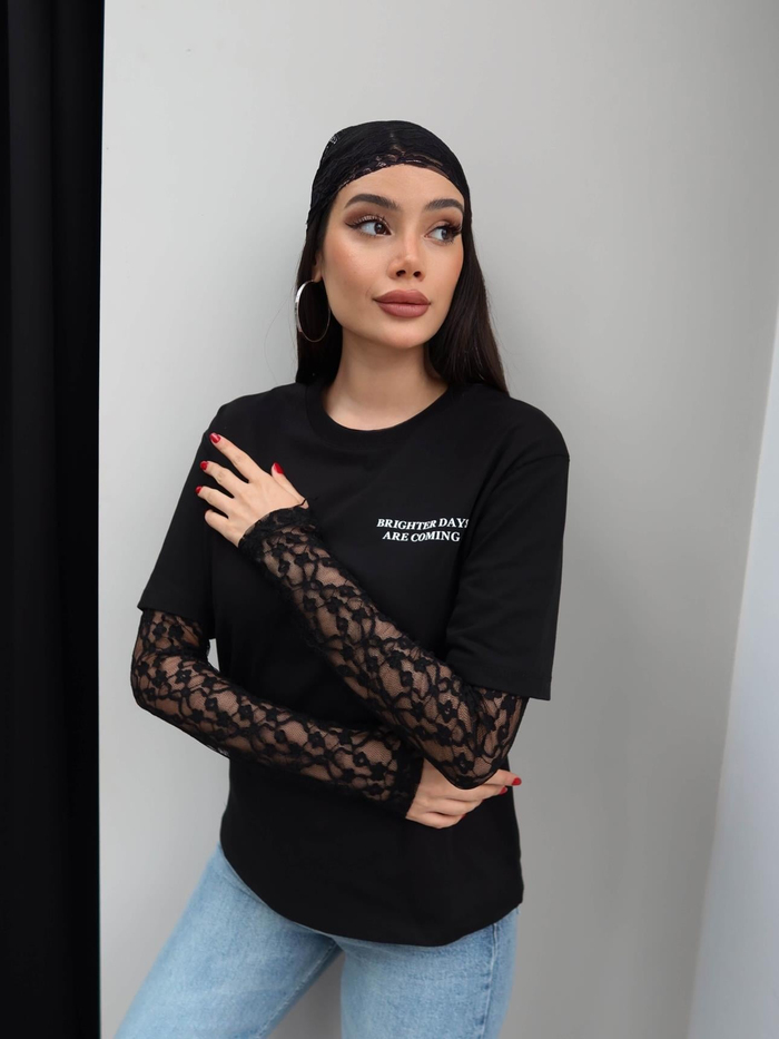 Bisiklet Yaka Kol Dantelli Tshirt