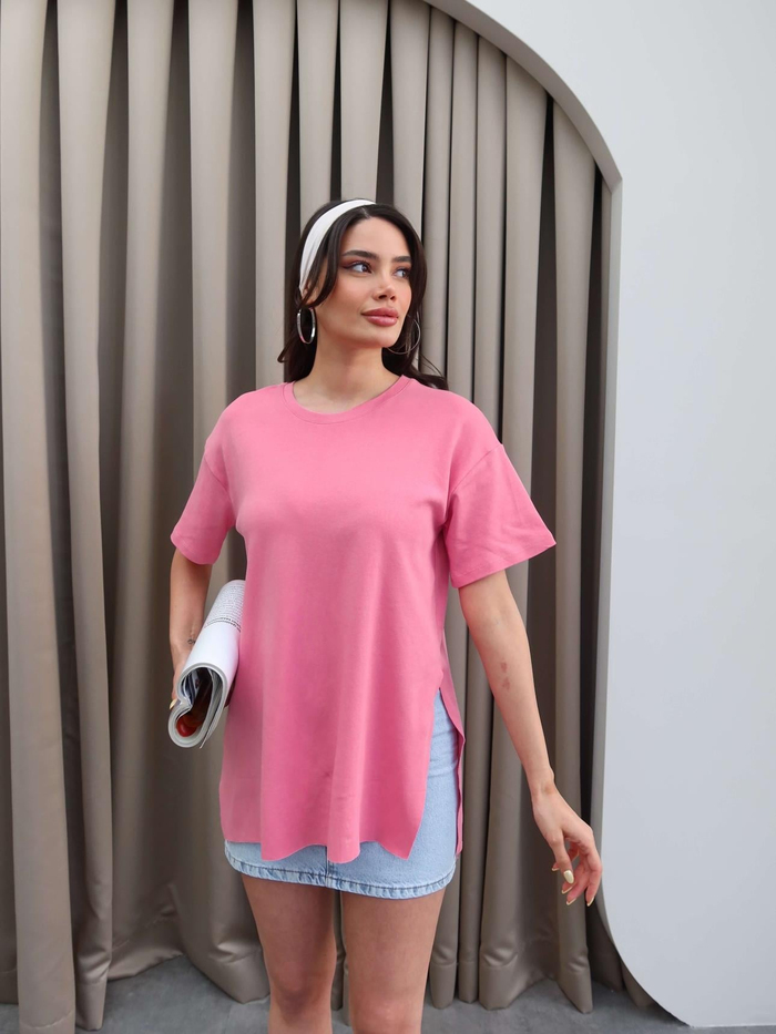 Bisiklet  Yaka Yırtmaçlı Oversize T-shirt