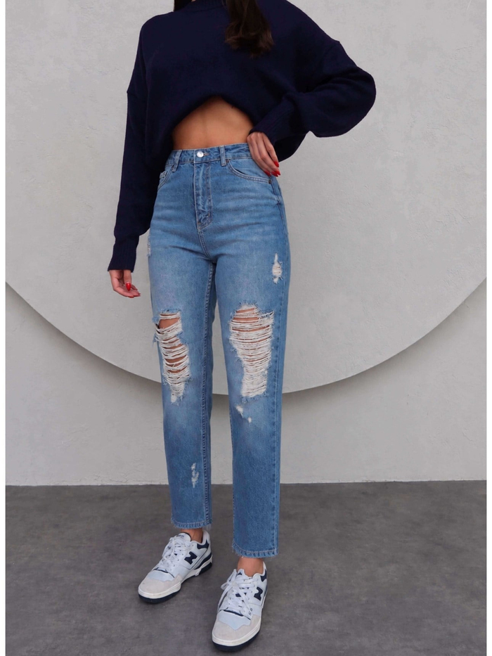 Blue Diz Paça Yırtık Mom Jean