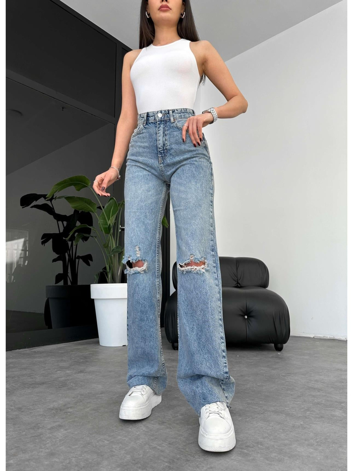 Blue Diz Yırtık Detay Wide Leg Jean