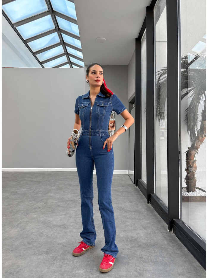 Blue Kısa Kol Denim Tulum