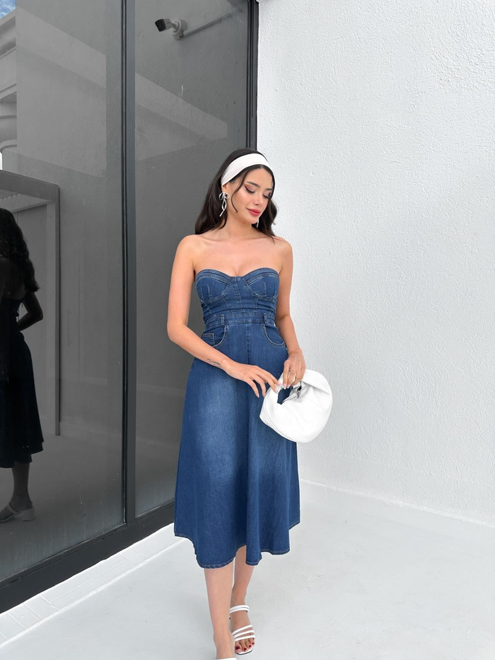 Blue Straplez Kloş Denim Elbise