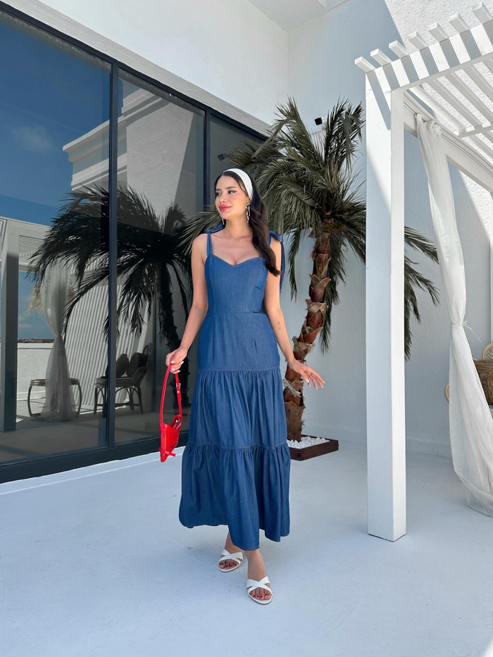 Blue Tencel Askısı Bağlamalı Elbise
