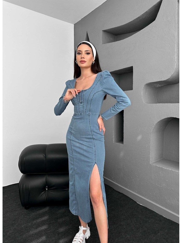 Blue Yırtmaçlı Uzun Kol Denim Elbise