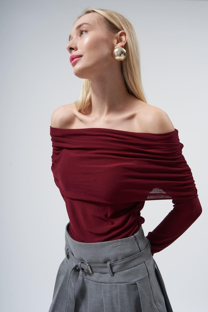 Bordo Açık Omuzlu Soft Bluz