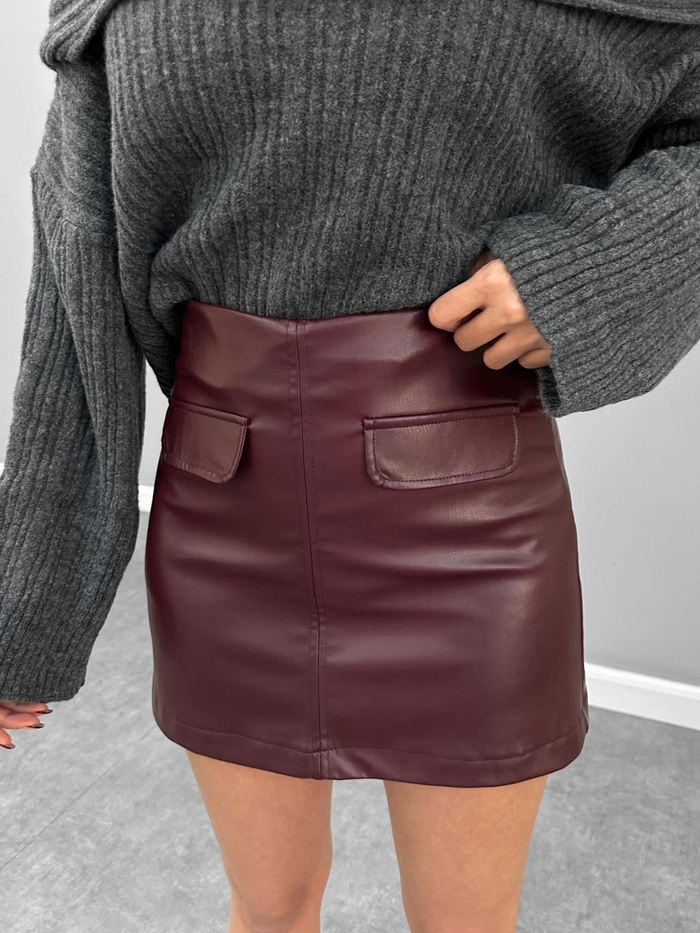 Bordo Fermuarlı Mini Deri Etek