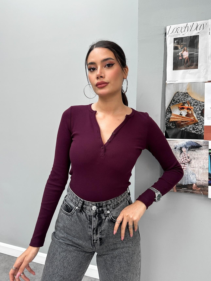 Bordo İnce Düğmeli Body