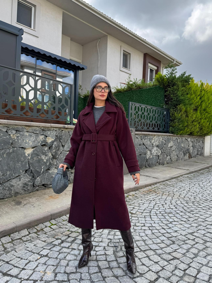 Bordo Kruvaze Apoletli Kaşe Kaban