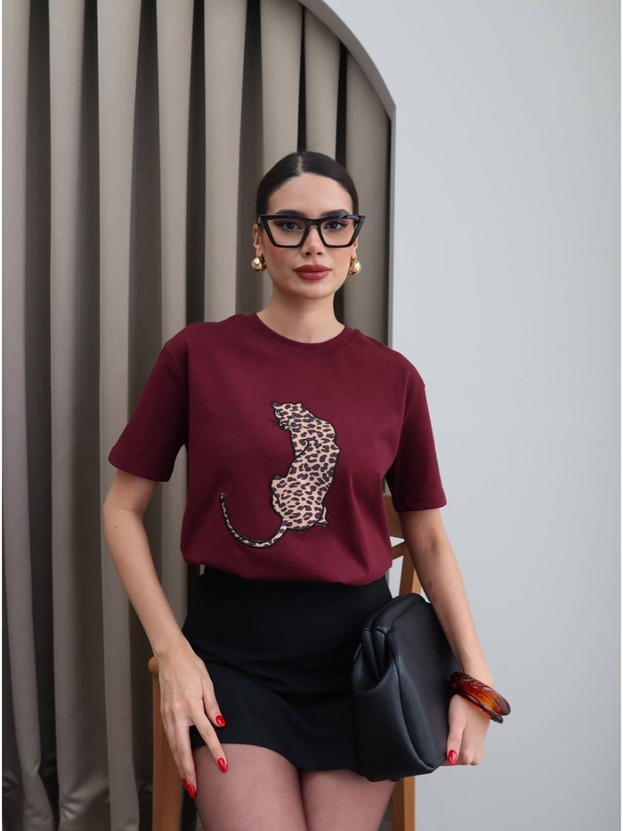 Bordo  Leo Nakışlı T-Shirt