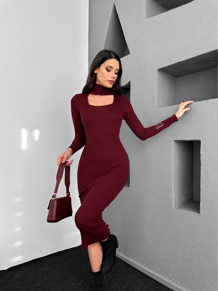 Bordo Pencere Detay Triko Elbise