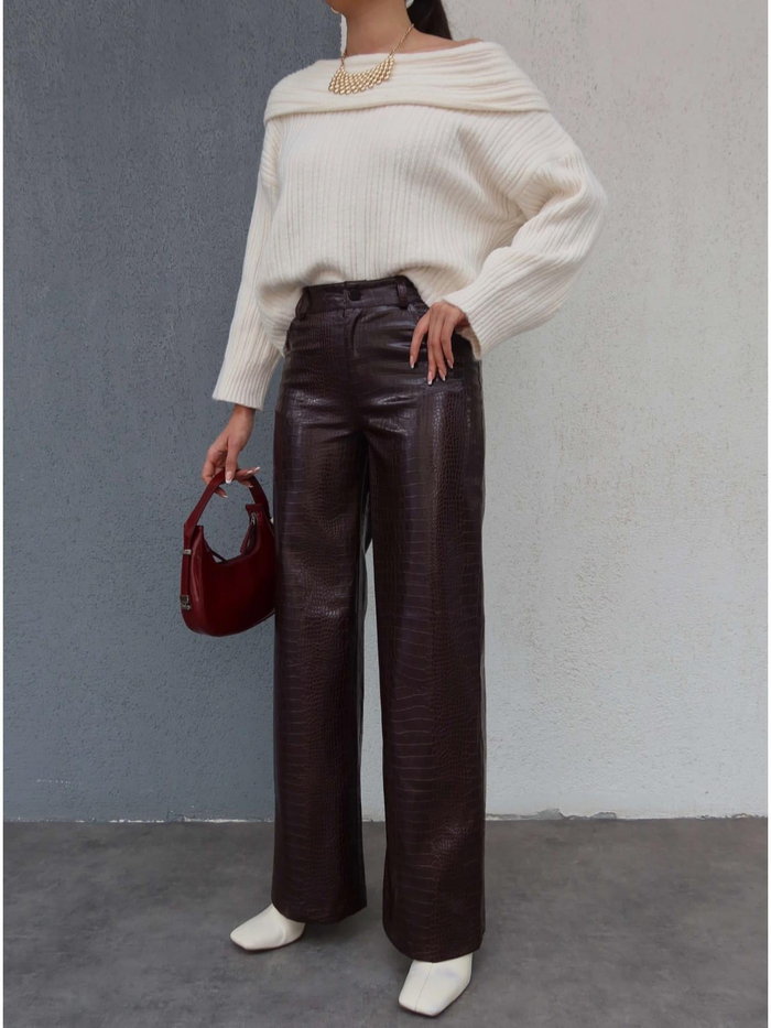 Bordo Snake Desen Deri Pantolon