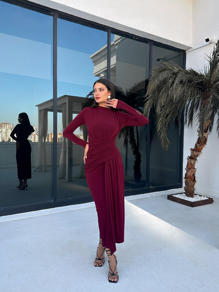 Bordo Yırtmaç Detaylı Drapeli Basic Elbise
