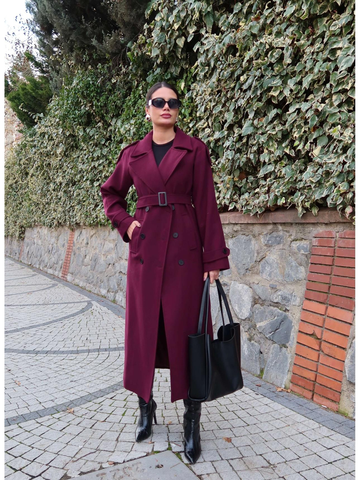 Bordo Yün Karışımlı Business Kaşe Kaban
