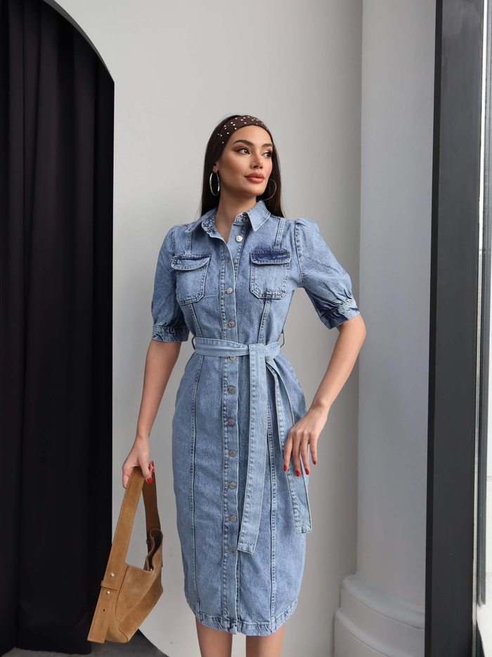 Boydan Düğmeli Kuşaklı Denim Elbise